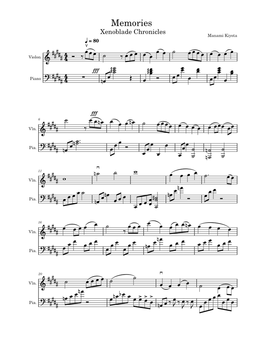 Memories - Xenoblade Chronicles Sheet Music for Piano