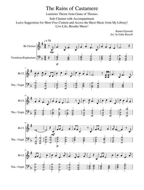 The Rains of Castamere | Solo Clarinet with Accompaniment