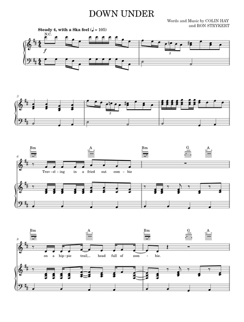 Down Under - Colin Hay, Men At Work (Piano-Vocal-Guitar)