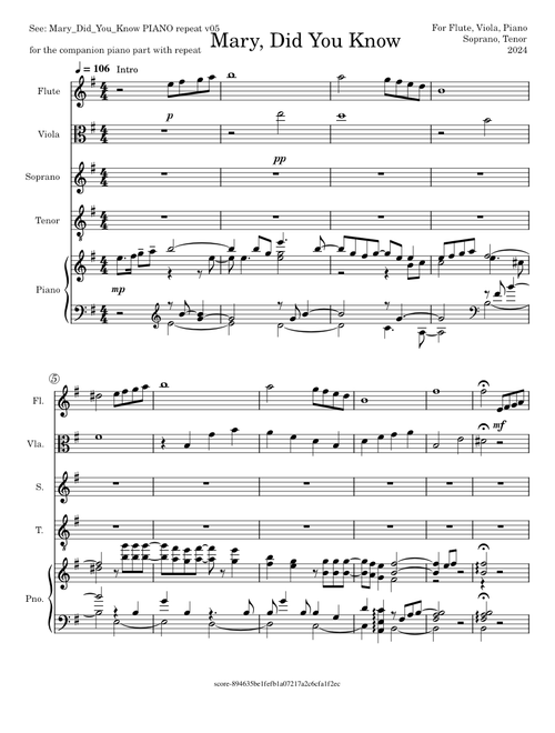Mary Did You Know flute viola piano soprano tenor v05 sheet music arranged by sophiasapprentice