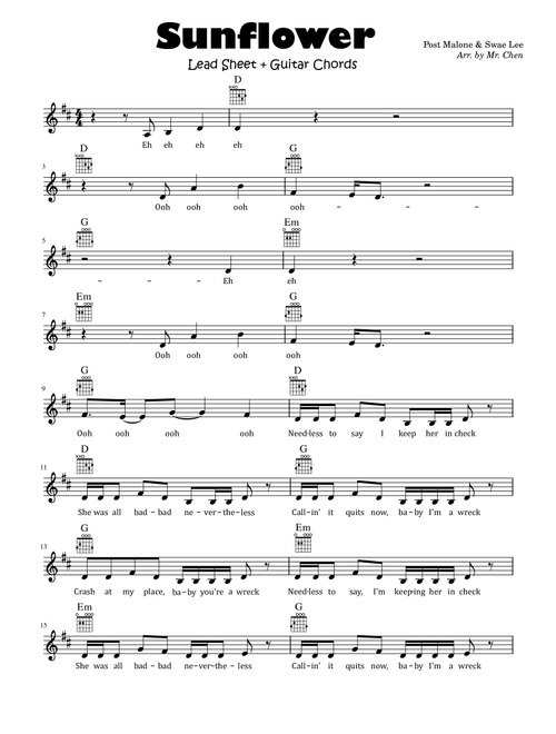 Sunflower (Arr. Anthony Chen) - Post Malone & Swae Lee (Guitar Chords-Lyrics)