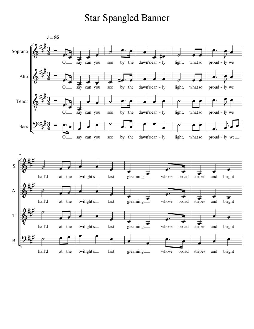 Star Spangled Banner Sheet music for Bass guitar (SATB) | Musescore.com