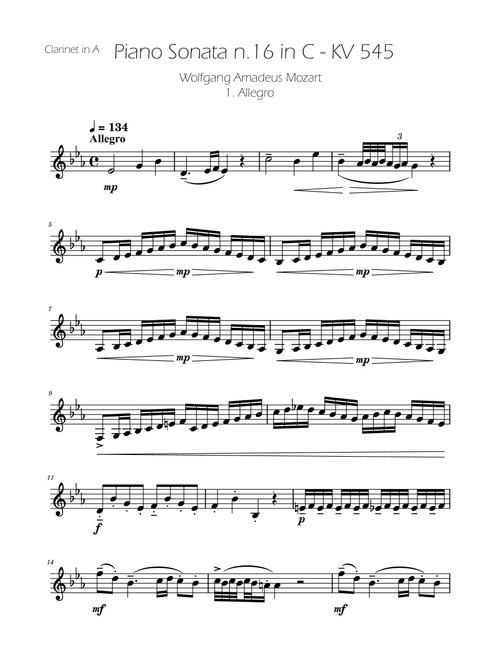 Sonata No. 16 in C Major KV 545 - Allegro - Clarinet in A Solo (Arr. Ygor Nunes) - Wolfgang Amadeus Mozart (Clarinet Solo)