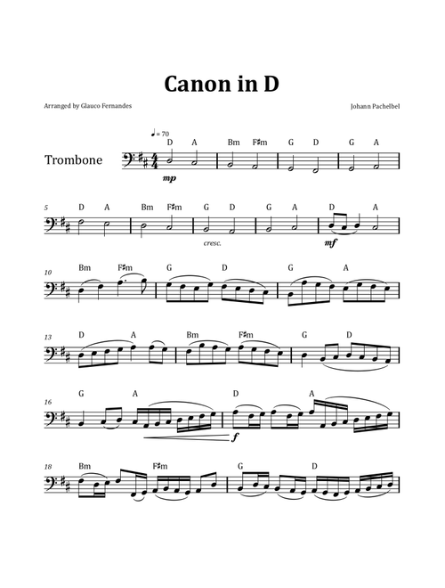 Canon by Pachelbel - Trombone & Chord Notation (Arr. Glauco Fernandes) - Johann Pachelbel (Trombone Solo)
