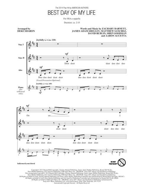Best Day Of My Life (arr. Deke Sharon) - American Authors (Choral, SSA)