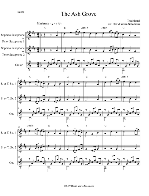 The Ash Grove (Llwyn Onn) for 2 tenor or soprano saxophones and guitar (Arr. David Warin Solomons) - Traditional (Small Ensemble)