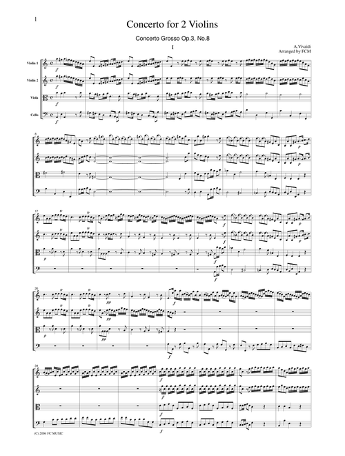 Vivaldi Concerto for 2 Violins in a moll, Op3, No.8, all mvts., for string quartet, CV105 (Arr. FCMUSIC) (String Quartet)