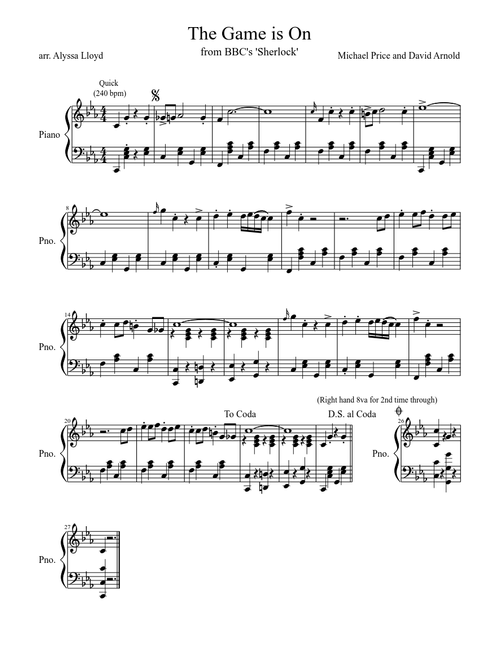 The Game is On (from BBC's Sherlock) for Piano