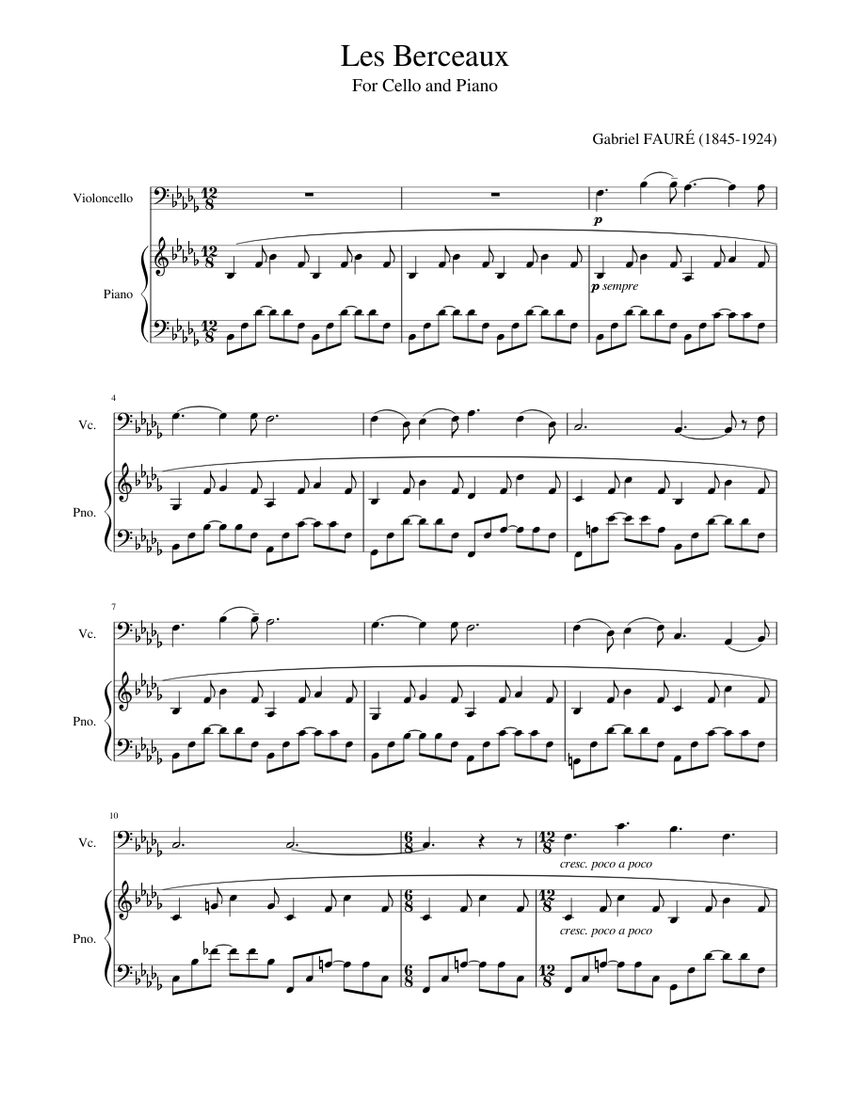 Les Berceaux Sheet Music for Piano, Cello (Solo) | MuseScore.com