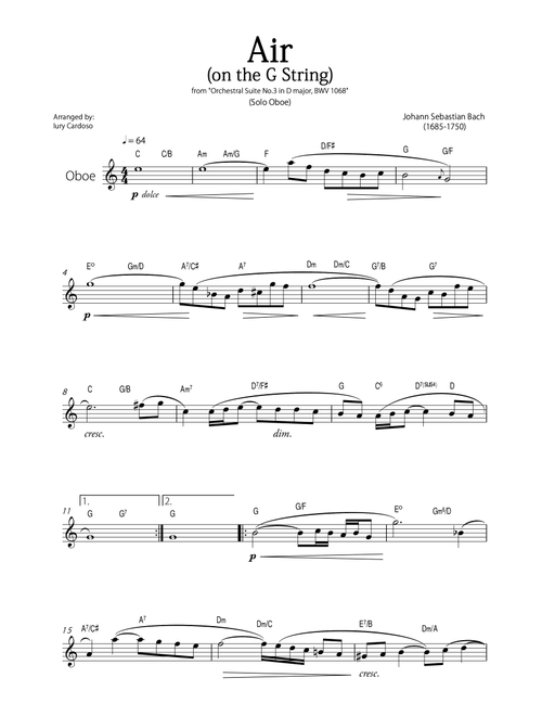 "Air - on the G string" (Bach) - Beautiful EASY version for SOLO OBOE (with chord symbols). (Arr. Iury Cardoso) - Johann Sebastian Bach (Oboe Solo)