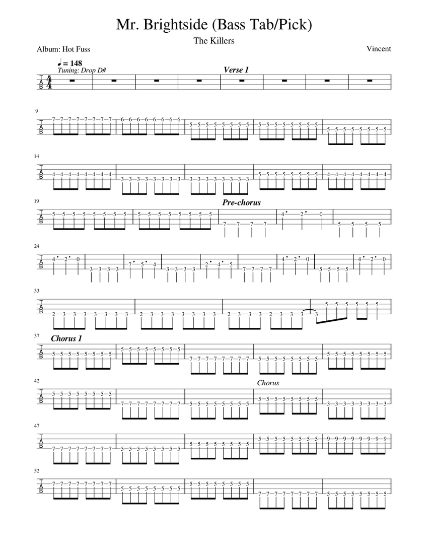 The Killers Mr. Brightside (Bass Tab) Sheet music for Bass guitar (Solo)