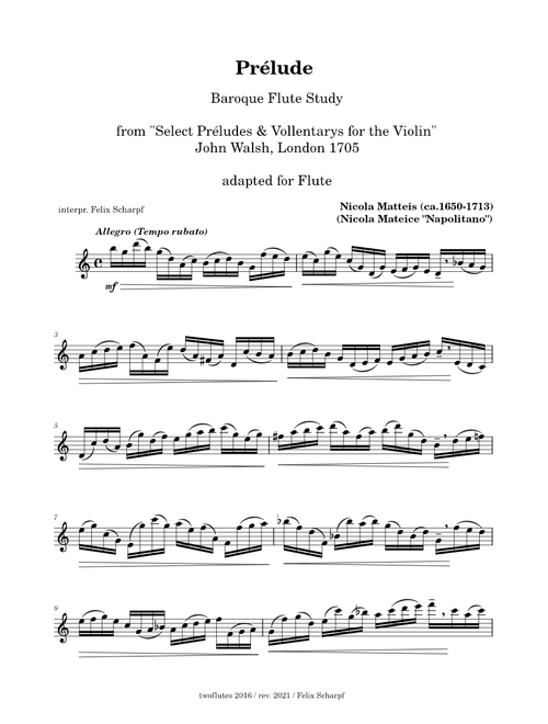 Prélude - Matteis, Nicola - arr. for Flute Solo (Baroque Flute Study)