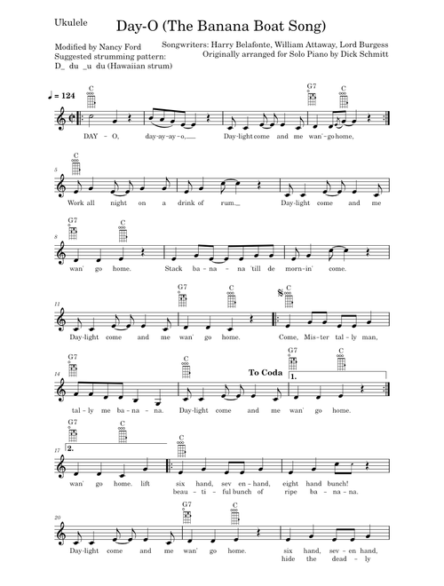 Day-O (The Banana Boat Song) – Harry Belafonte (Ukulele and Piano)