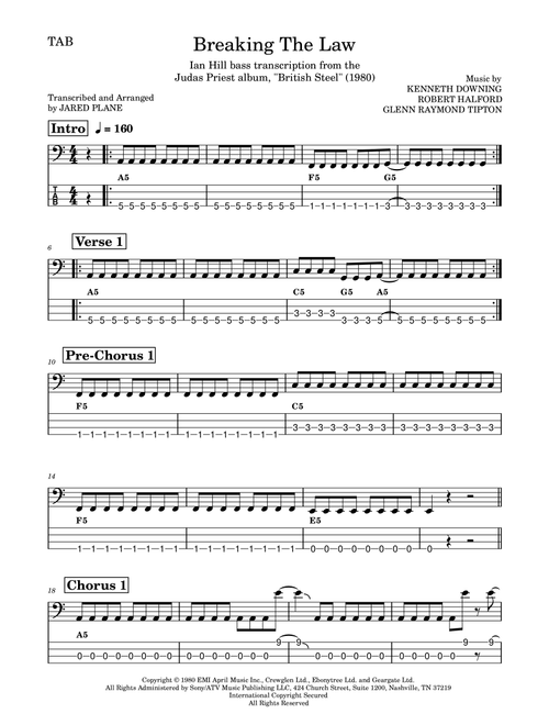 Breaking The Law (Arr. Jared Plane) - Judas Priest (Bass Tab)