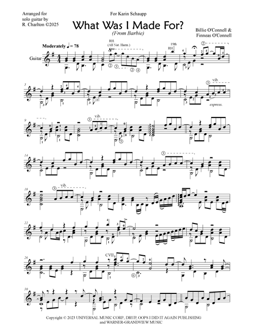 What Was I Made For? (Arr. Richard Charlton) - Billie Eilish (Solo Guitar)