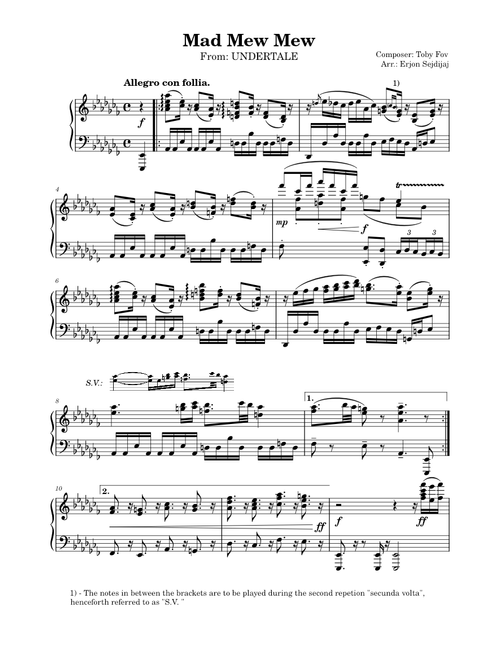 Mad Mew Mew – Undertale –  Toby Fox – Solo Piano Arrangement