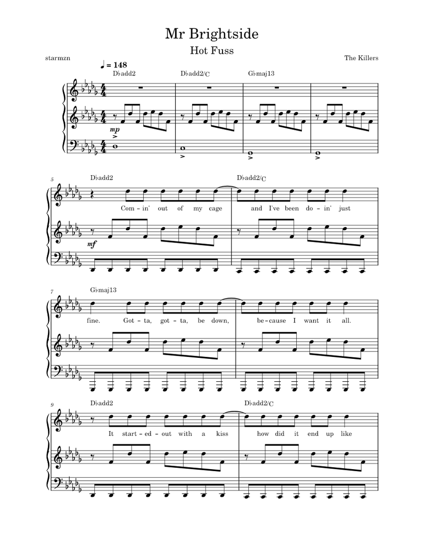 Mr. Brightside – The Killers Sheet Music with Chords for Piano (Piano ...