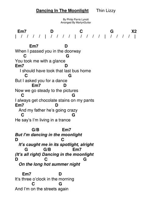 Dancing In The Moonlight (Arr. Martyn Guitar) - Thin Lizzy (Guitar Chords-Lyrics)