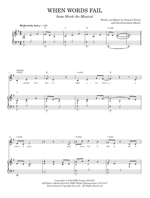 When Words Fail - Shrek The Musical (Piano Vocal)