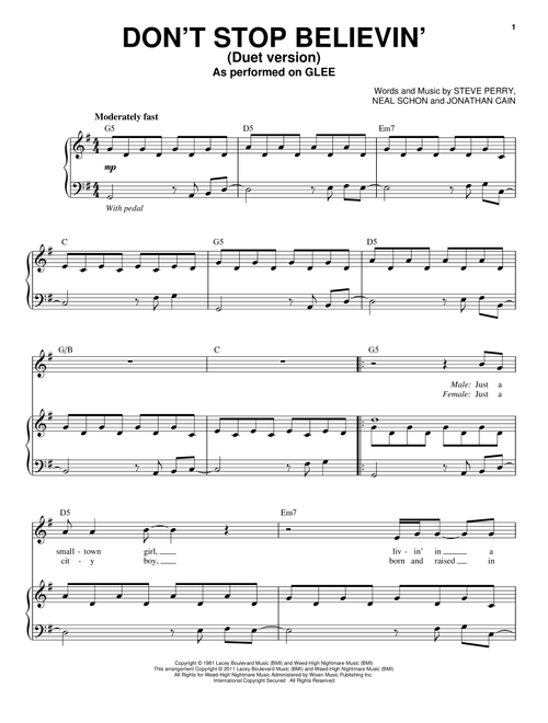 Don't Stop Believin' (Vocal Duet) - Glee Cast, Journey, Glee (TV Series) (Piano Vocal)