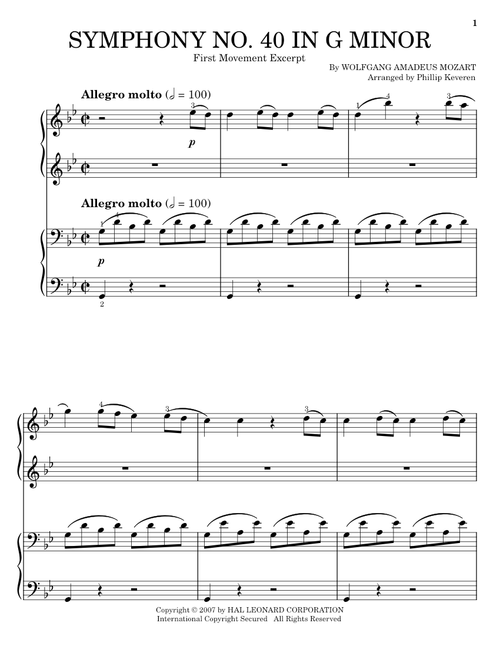 Symphony No. 40 In G Minor, First Movement Excerpt (arr. Phillip Keveren) - Wolfgang Amadeus Mozart (Easy Piano Duet)