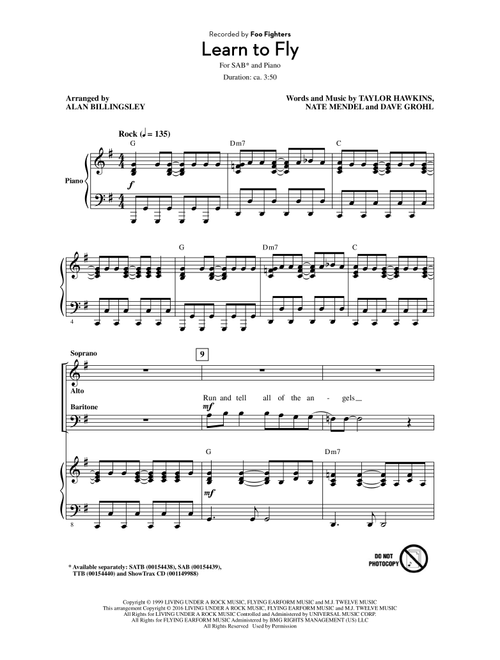 Learn To Fly (Arr. Alan Billingsley) - Dave Grohl, Nate Mendel, Foo Fighters (Choral, SAB)