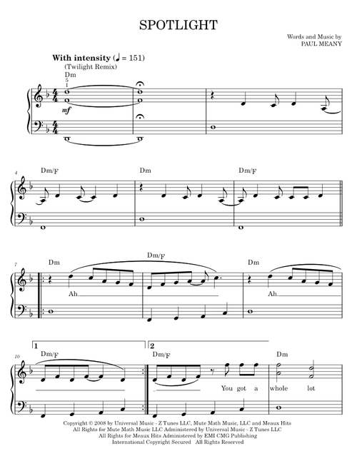 Spotlight (Twilight Remix) - Mute Math, Twilight Movie (Easy Piano)
