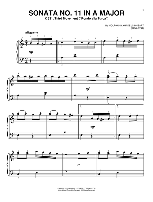 Sonata No. 11 In A Major, K 331, Third Movement ("Rondo Alla Turca") - Wolfgang Amadeus Mozart (Very Easy Piano)