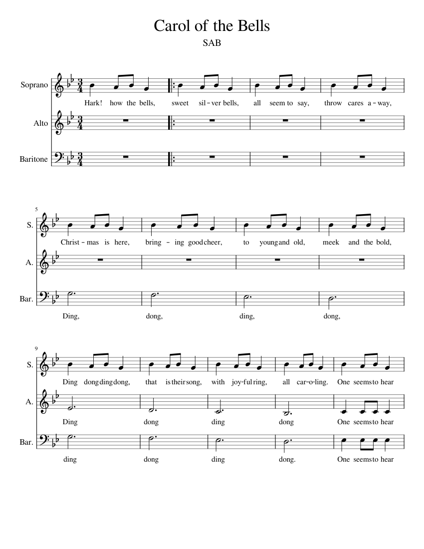 Carol of the Bells Sheet Music for Soprano, Alto, Baritone (Choral ...