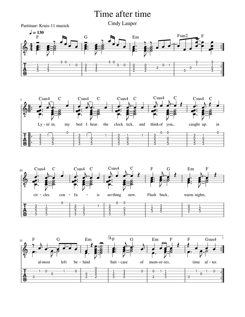 Cyndi Lauper - Time after time - guitar TAB Sheet Music with