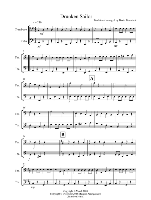 Drunken Sailor for Trombone and Tuba Duet (Arr. David Burndrett) - Traditional (Instrumental Duet)