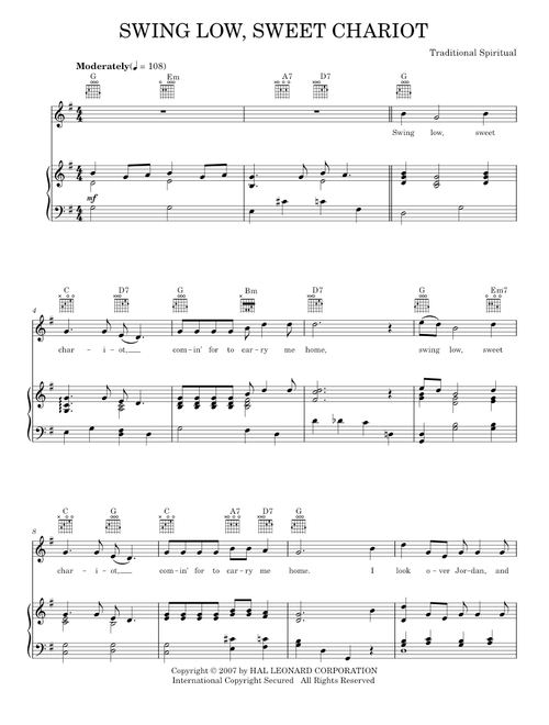 Swing Low, Sweet Chariot - Traditional Spiritual (Piano-Vocal-Guitar)