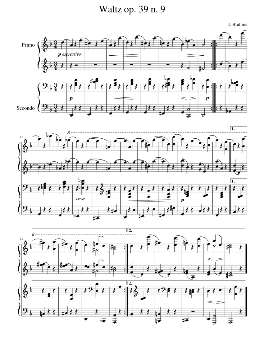 Brahms Op. 39 N9 Sheet Music For Piano (Piano Four Hand) | Musescore.com