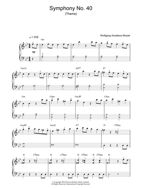Symphony No. 40 (Theme) - Wolfgang Amadeus Mozart (Piano-Vocal-Guitar (Piano Accompaniment))