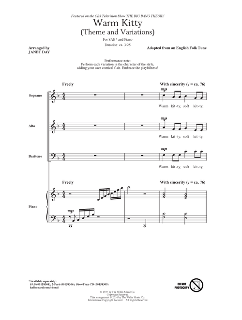 Warm Kitty (arr. Janet Day) - Edith Newlin, English Folk Tune, Laura Pendleton MacCarteney (Choral, SAB)