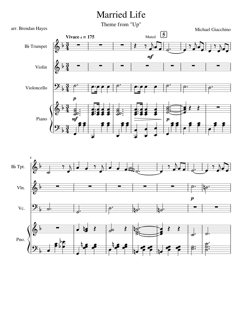 Married Life Notes Married Life Up Sheet Music for Piano, Trumpet in b-flat, Violin, Cello ...