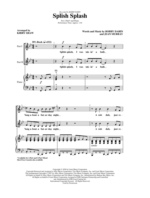 Splish Splash (arr. Kirby Shaw) - Bobby Darin (Choral, 2-Part)