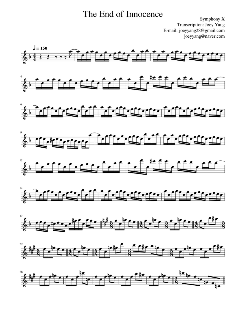 Symphony X Best 楽譜集 Symphony X - The End of Innocence keyboard intro part (0:00~0:45