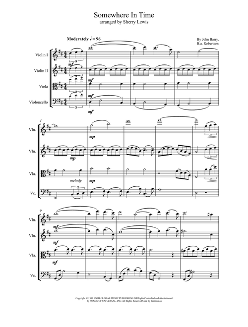 Somewhere In Time (Arr. Sherry Lewis) - John Barry (String Quartet)