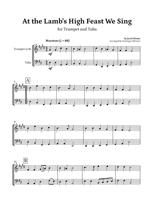At the Lamb's High Feast We Sing (Trumpet and Tuba) - Easter Hymn (Arr. Henrique Oliveira) - Jacob Hintze (Instrumental Duet)
