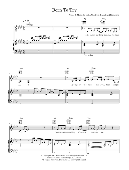 Born to try - Delta Goodrem (Piano-Vocal-Guitar (Piano Accompaniment))