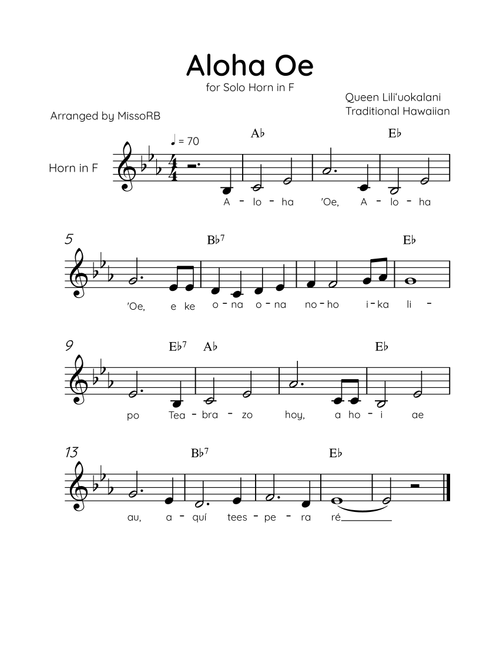 Aloha Oe - Solo Horn in F in Ab Major Easy With Lyrics & Chords (Arr. MissoRB) - Queen Liliʻuokalani (French Horn Solo)
