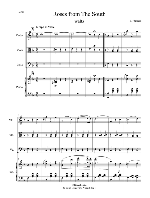 Johann Strauss II - Roses from the South (Rosen aus dem Süden) Waltz for piano quartet (Arr. Julia Samarska) (String Ensemble)