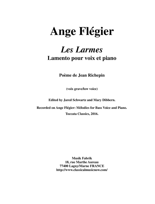 Ange Flégier: Les Larmes for low voice and piano (Vocal Solo)