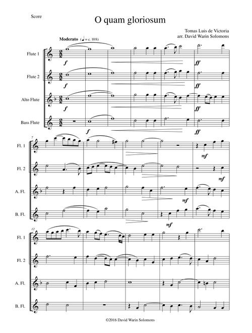 O quam gloriosum (Oh how glorious) for flute quartet (Arr. David Warin Solomons) - Tomas Luis De Victoria (Woodwind Ensemble)