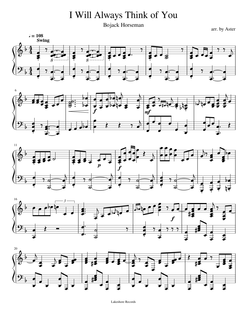I Will Always Think of You (Piano Solo) Bojack Horseman Sheet music