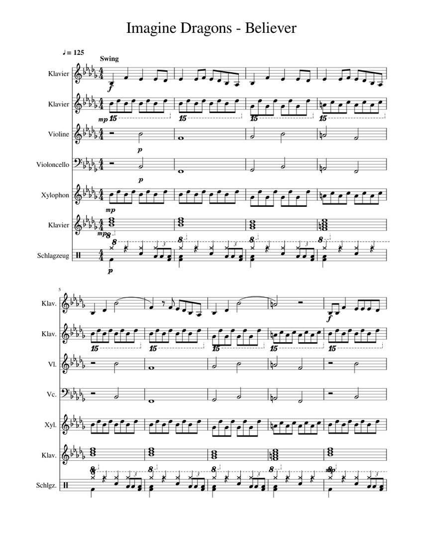 Imagine Dragons - Believer Sheet Music for Piano, Violin, Cello, Drum ...