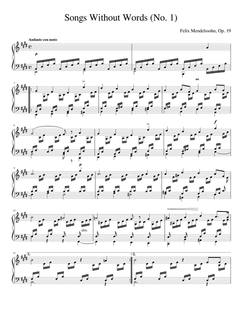 Mendelssohn Songs Without Words (No. 1) Piano solo