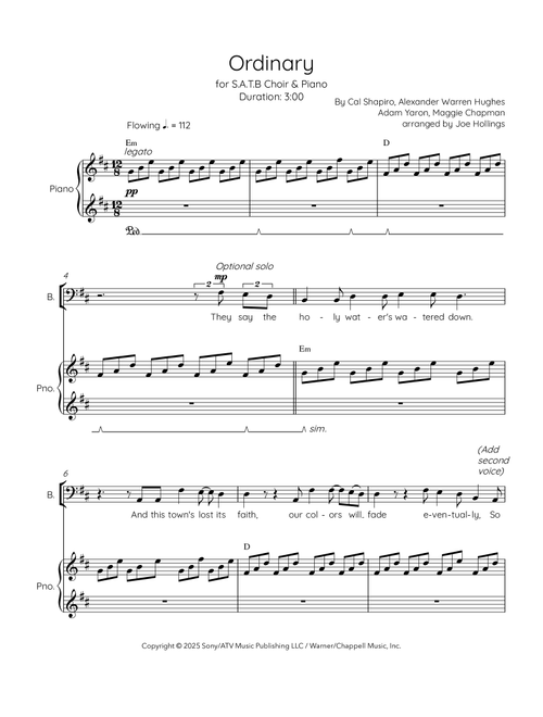 Ordinary (Arr. Joseph Hollings) - Alex Warren (Choral, SATB)