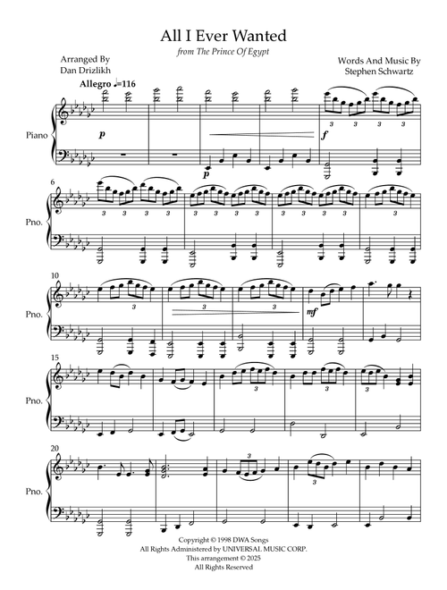 All I Ever Wanted (With Queen's Reprise) (Arr. Dan Drizlikh) - Stephen Schwartz (Piano Solo)